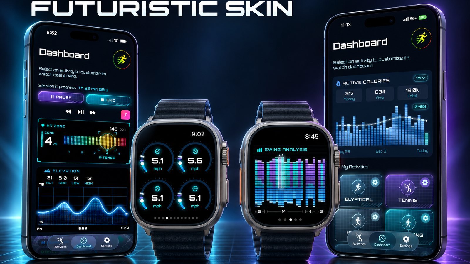 Zorkout's Futuristic skin on two Apple Watch Ultra faces and the iPhone companion app, in cyan and violet neon