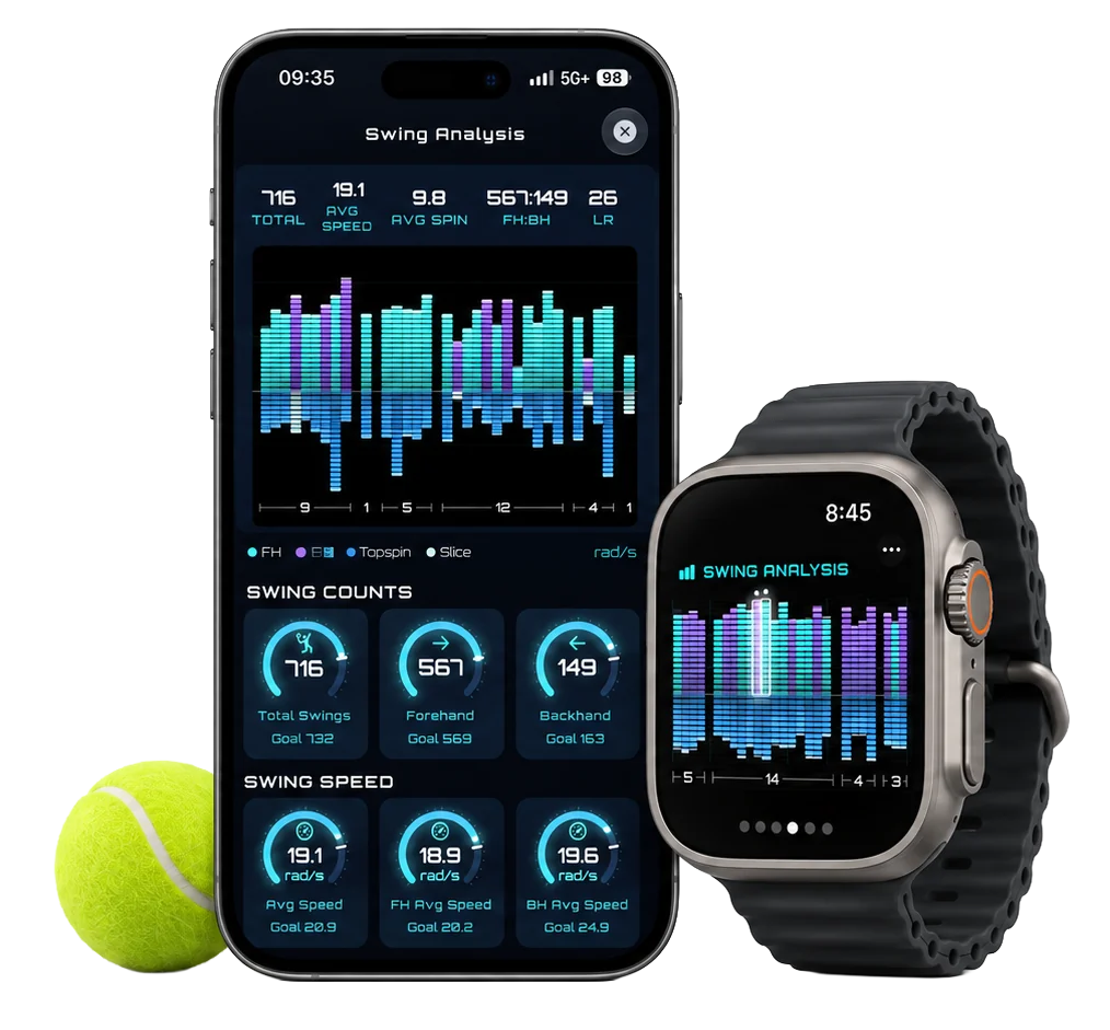 Schlaganalyse auf iPhone und Apple Watch neben einem Tennisball